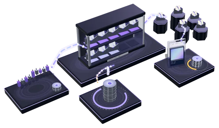 Illustration: fees flow from a trading plinth into the Community Case, and packs flow out to members.