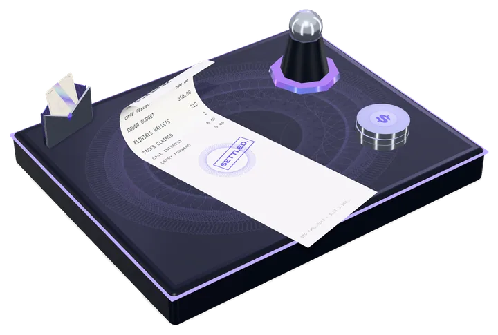 Illustration: a settled receipt on an engraved plinth, next to an envelope with a card and a stack of coins.